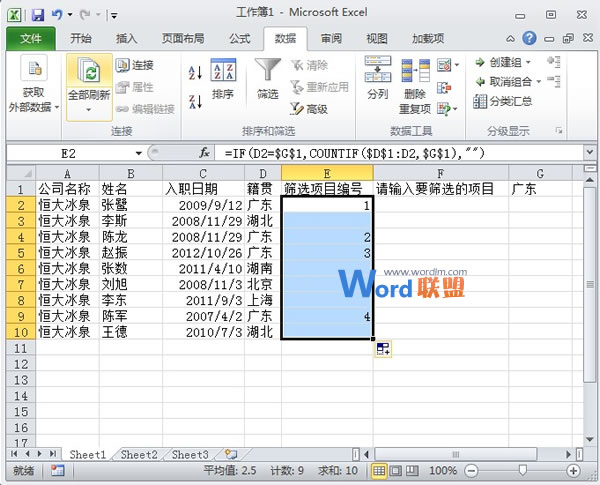 Excel2010中自定义进行筛选并依次编号